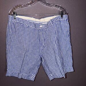 Polo Ralph Lauren Mens Blue White Gingham 100% Linen Shorts Flat Front Size 38